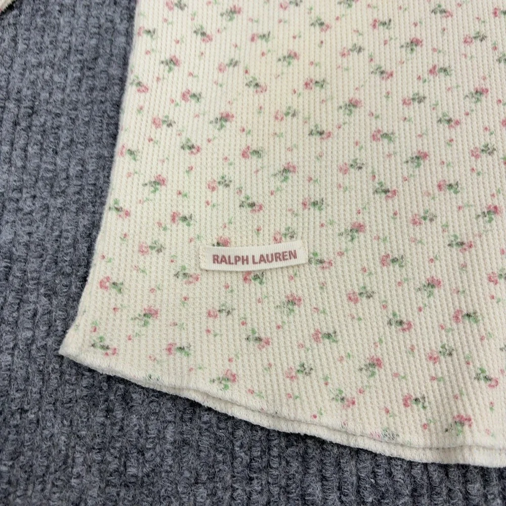 Ralph Lauren Henley Top Womens M Cream Cotton Blend Floral Thermal Henley Casual